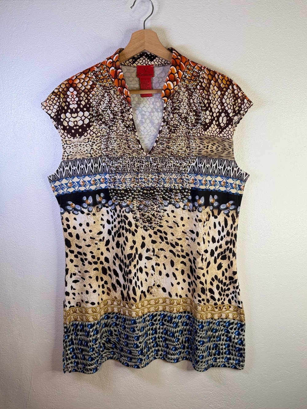 V Cristina Boho Y2K Embellished Mixed Animal Print V-Neck Tunic Blouse Size XL